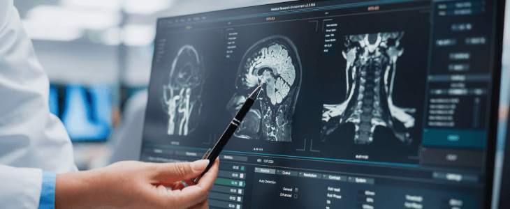 Doctor pointing to a traumatic brain injury on a brain scan.