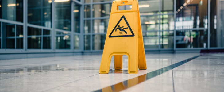 Yellow sign on floor that alerts for wet floor.