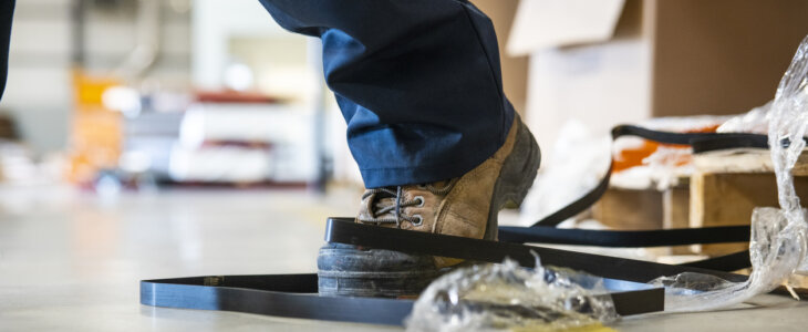 An industrial safety topic. A worker in danger of tripping over a piece of metal strapping in a factory.