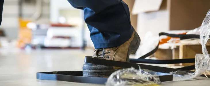 An industrial safety topic. A worker in danger of tripping over a piece of metal strapping in a factory.